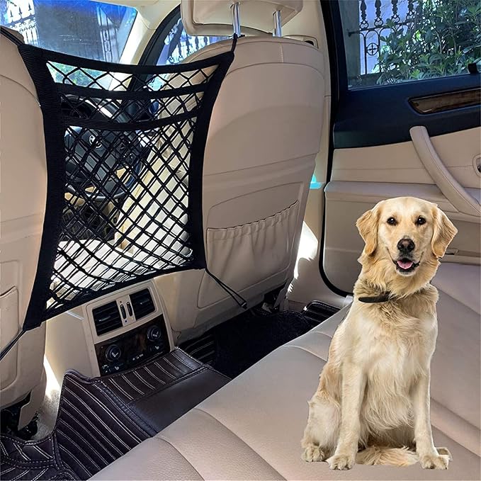 DYKESON Dog Car Net Barrier with Mesh Organizer, Pet Divider for Cars, SUVs | Upgraded Pet Barrier With Stretchable Storage Bag Pouch，Auto Backseat Net, Pet kids Safety Divider, Easy Install (3 Layer M)