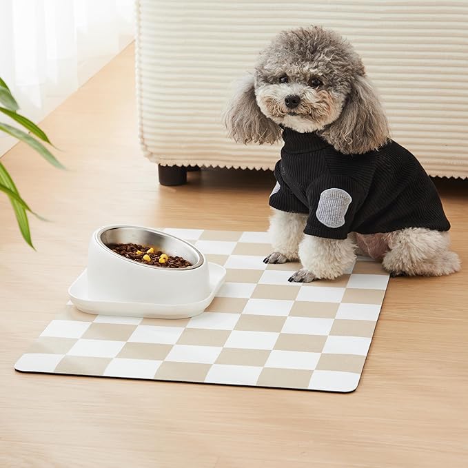 Ralxion Checkered Dog Feeding Mat, Absorbent Mats for Dog Food and Water Bowl, Dispenser, Retro Aesthetic Beige Khaiki Checkerboard Pet Placemat for Dogs, Cats, Puppy Accessories, 16" X 24”