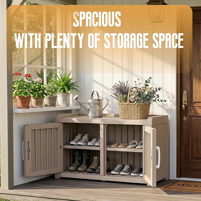 ROJIK Shoe Cabinet Waterproof UV-Resistant,Storage Bench Indoor Outdoor with Adjustable Shelves,for Entryway Bedroom,Hallway,Living Room(Double Door,Grey)