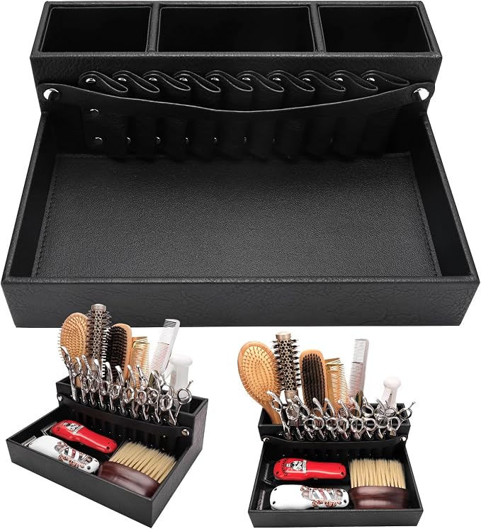 Barber Station Tray for Scissors Holder & Clippers Organizer, Barber Accessories Storage Station for Combs/Hair Clip/Trimmers, Barber Salon Home Desktop Tool Organizer(Small 11.9" x 8.8" x 4.4")