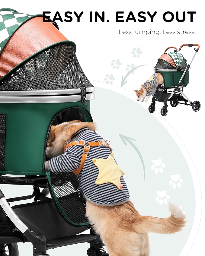 GTPLAYER Pet Stroller for Dogs & Cats, 3-in-1 Foldable Pet Strollers with Detachable Carrier, 360° Swivel Front Wheels & Rear Brakes, Up to 45 lbs, Green