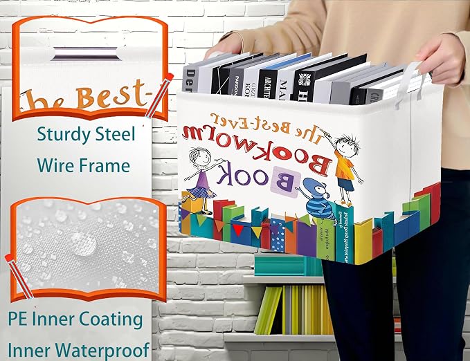 Large Kids Book Storage Bin Collapsible Nursery Toy Basket Canvas Teacher Crate Room Classroom Box Organizer Decor(Color Book)