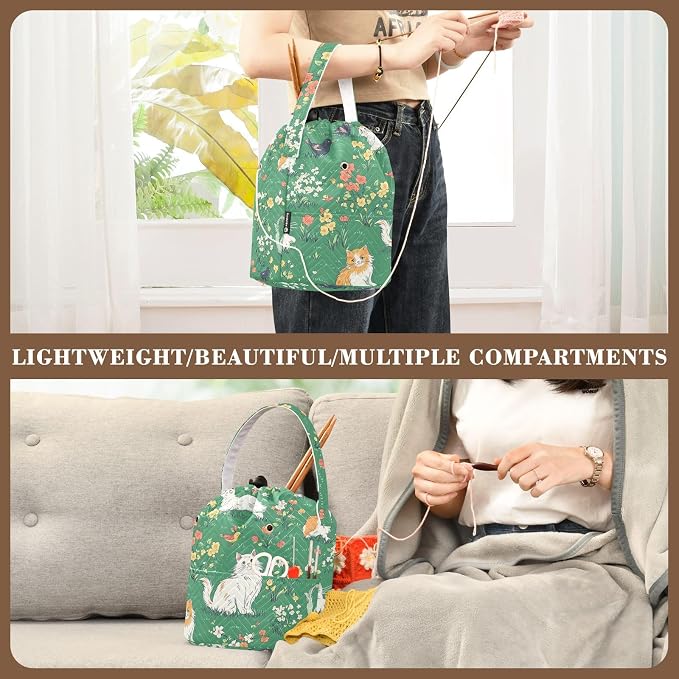 Tatenale Crochet Bag Yarn Bag Knitting Project Bag with Pockets and Handle Portable Yarn Storage Organizer Tangle Free 8.3x11 InchGreen Persian Cat and Hummingbird in Spring39