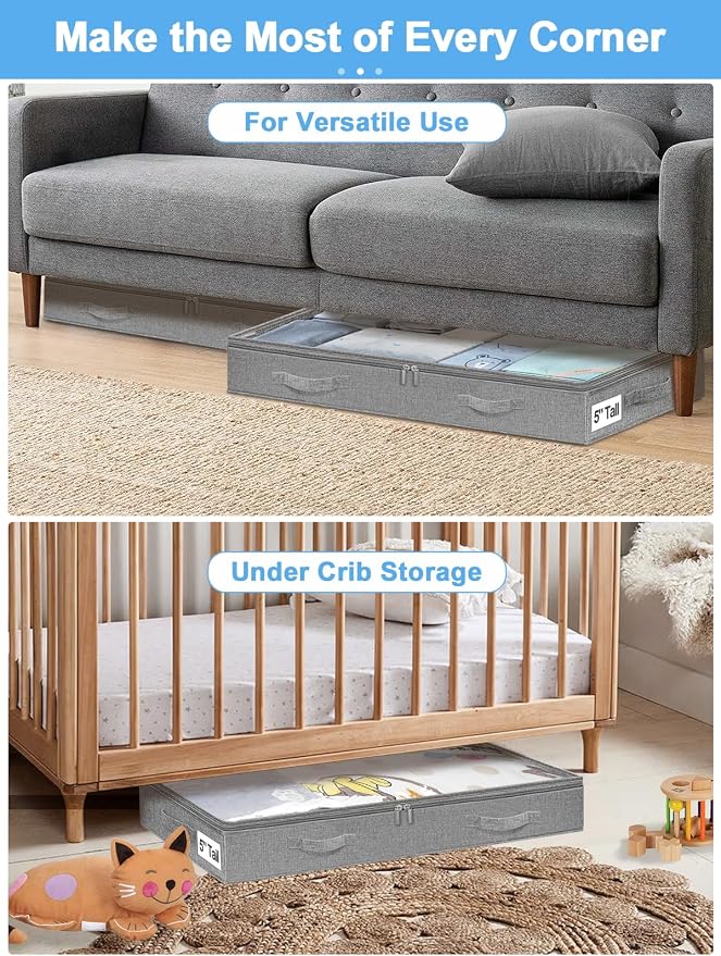 punemi 5 inch High Soft Fabric Low Profile Under Bed Storage, 4 Pack, Grey | Thin Clothes Storage Containers with 3 Handles & Clear Lid, Ideal for Bedding & Blankets, Fits Under Cribs, Sofas & Dorm Beds