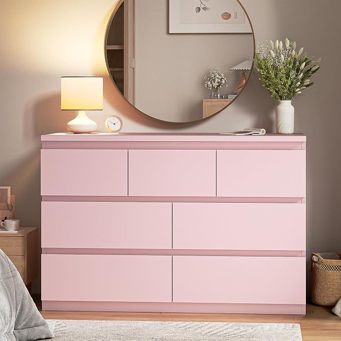 Pink 7 Drawer Dresser for Bedroom,Modern Wood Chest of Drawers,Closet Clothes Storage Organizer with Deep Drawers for Living Room Hallway Entryway,Nursery (15.3" D x 47.2" W x 32.3" H)
