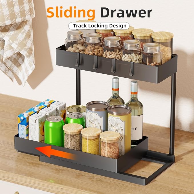 Simple Trending Under Sink Organizer 3 Pack 2-Tier Pull-Out Storage Cabinet | Multi-Use Sink Sliding Under Shelf Organizer with Hooks, for Kitchen Bathroom, Space Saving, Easy Assembly, Black