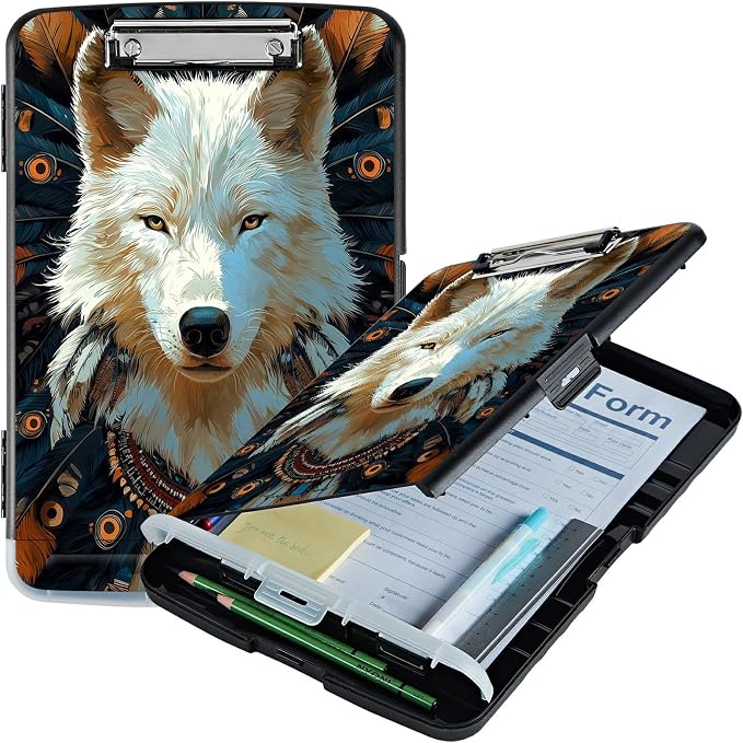 A4 Clipboard with Storage Pen Holder, Clipboards Organizer Nursing Clipboard Foldable File Folder Plastic Clipboard Folio Clip Board for Office Work Classroom Doctor, Feathers White Wolf