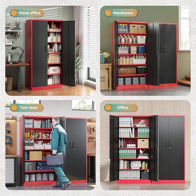 Metal Garage Storage Cabinets with Lock, 71" Tall Locker Organizer Steel Tool Cabinets,5 Adjustable Shelves 2 Doors for Home Office, Warehouse,Garage,Industrial,Employee (Black Red)