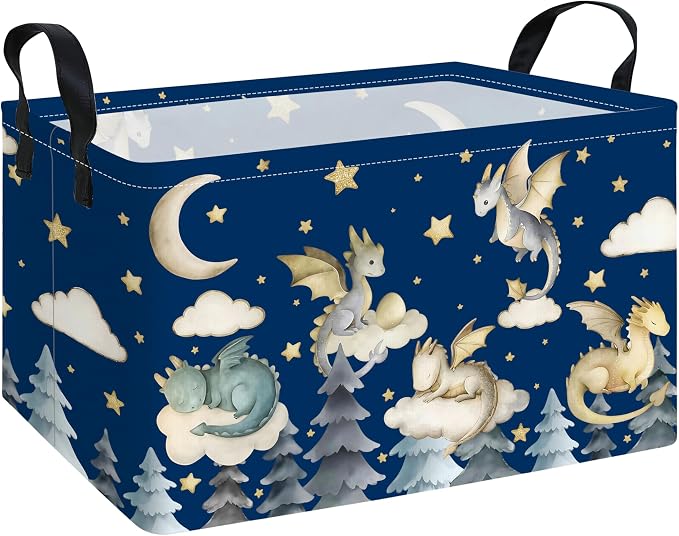 Rectangular Dragon Storage Bin, Medium Fabric Closet Organizer Basket | Moisture repellent textile, reinforced carry grips, collapsible holder tidies cabinet and teenage bedroom belongings