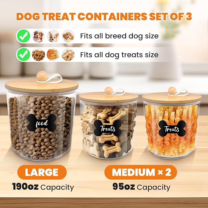 HOYTAMDAR 3 Pack Airtight Dog Treat Containers Bamboo Lids, Dog Treat Jars | Dog Food Storage Container with Scoops, Clamps, Labels and Marker, Dog & Cat Treat Holder