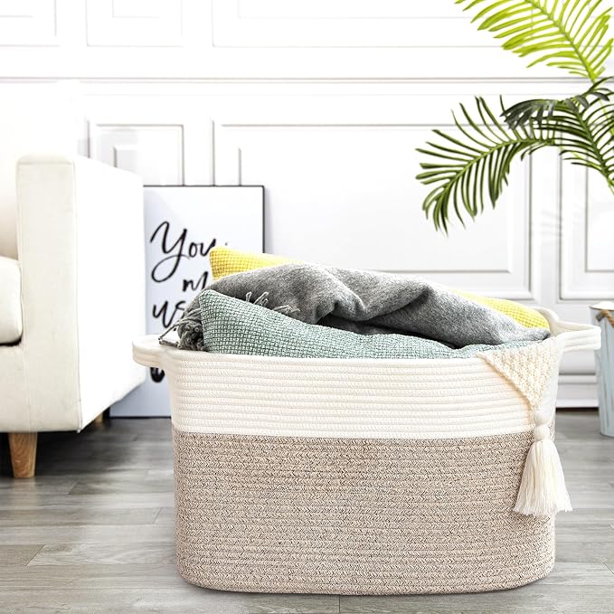 Large Blanket Basket, 100L Storage Baskets for Organizing, Woven Laundry Basket for Blankets, Cotton rope Blanket Storage for Living Room, Nursery Room, 24.8" L x 15.74" W x 15.74" H, Brown