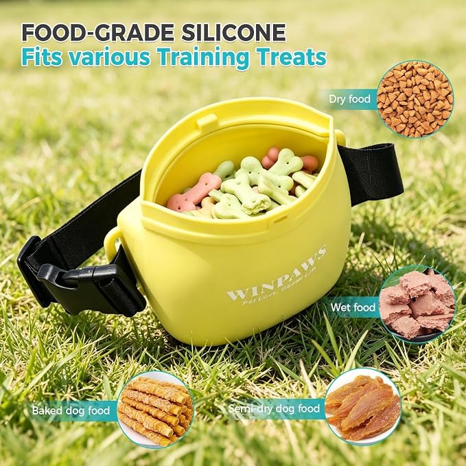 Silicone Dog Treat Pouch with Poop Bag Holder,Waterproof Magnetic Close Sealable Fanny Pack with Adjustable Waist Belt, Pet Puppy Training Essentials, One-Handed Opening with Press & Magnetic(Yellow)