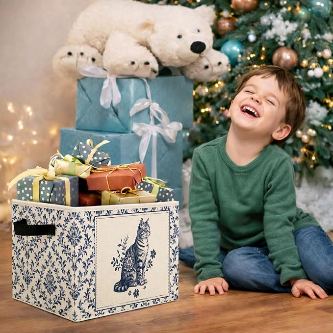 Blue Floral Cat Storage Bin, Foldable Fabric Organizer | Blue floral cat storage bin with vintage porcelain style for toys, books, clothes, pet items, shelves, and rooms.