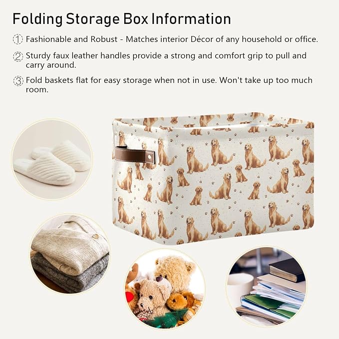 Wamika Golden Retriever Dog Storage Basket Fabric Pet Toys Baskets Cute Puppy Dogs Open Home Storage Bins Boxes Foldable Organizer Bag for Pet Bathroom Shelf Closet Baskets 16×12×8 Inches 2 Pack