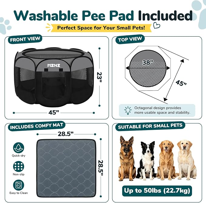 Dog Cat Small Animal Puppy Playpen with Pee Pad, Large, Dark Grey | Portable Pop Up Pet Crate Cage Enclosure Tent Kennel Indoor Outdoor with Carrying Case, No Assembly, Camping Use