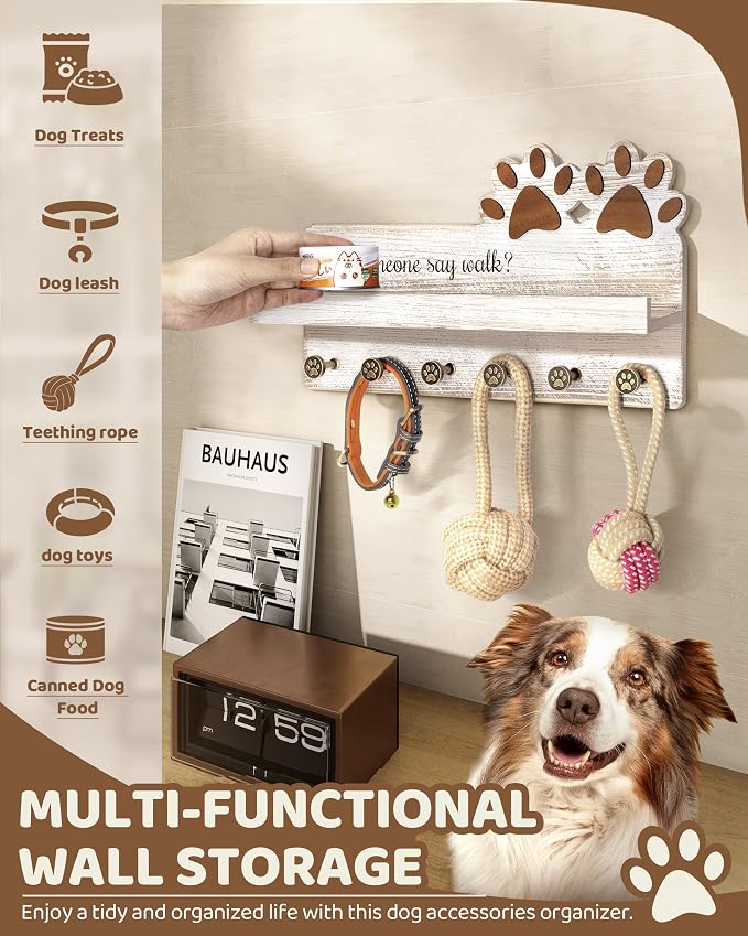 MTERSN Dog Leash Holder for Wall with Shelf for Dog Food & Leash, White | 3D Dog Paw Six Hooks, Adorable Key Rack, Wooden Wall Organizer with Shelf, Pet Leash Storage, Cute Home Accent for Wall Decor
