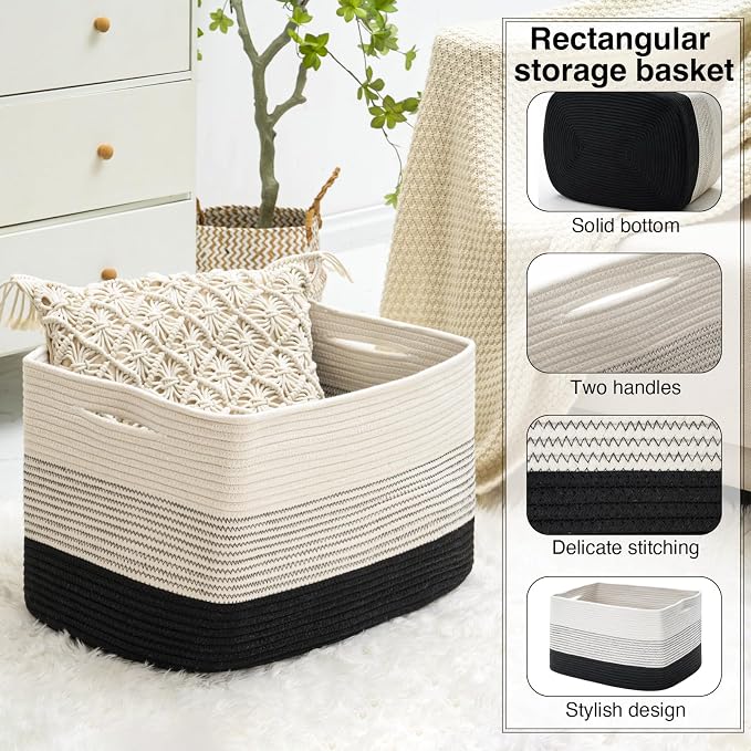 ICERZCZ Large Blanket Basket Living Room, Rectangle Toy Storage Basket, Large Baskets for Blankets, Woven Cotton Rope Baskets for Storage, Books, Shoes, Dirty Clothes, 22”x17”x12”, Gradient Black, 75L