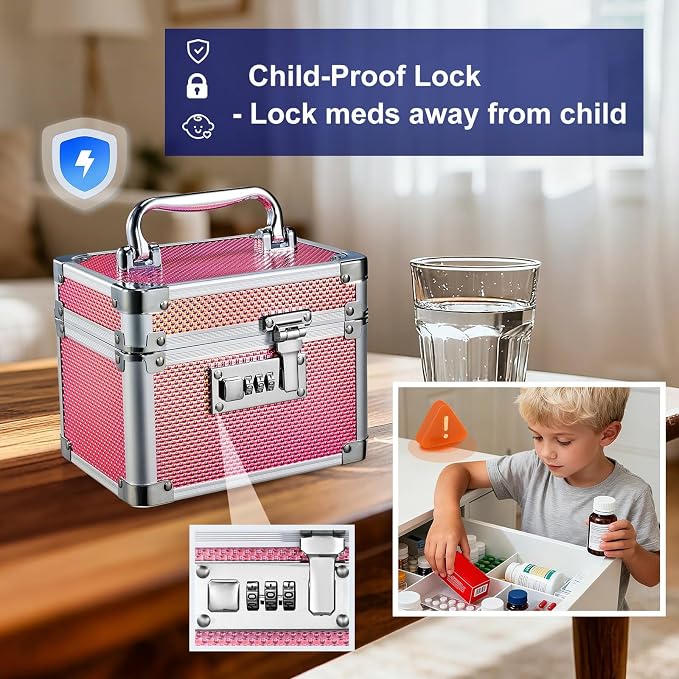 Medicine Lock Box with 3-Digit Combination Lock – Pink Lockable Storage Box for Medication, Small Lock Box for Valuables, 7" Locking Medicine Box, Lock Box for Home Travel Dorm
