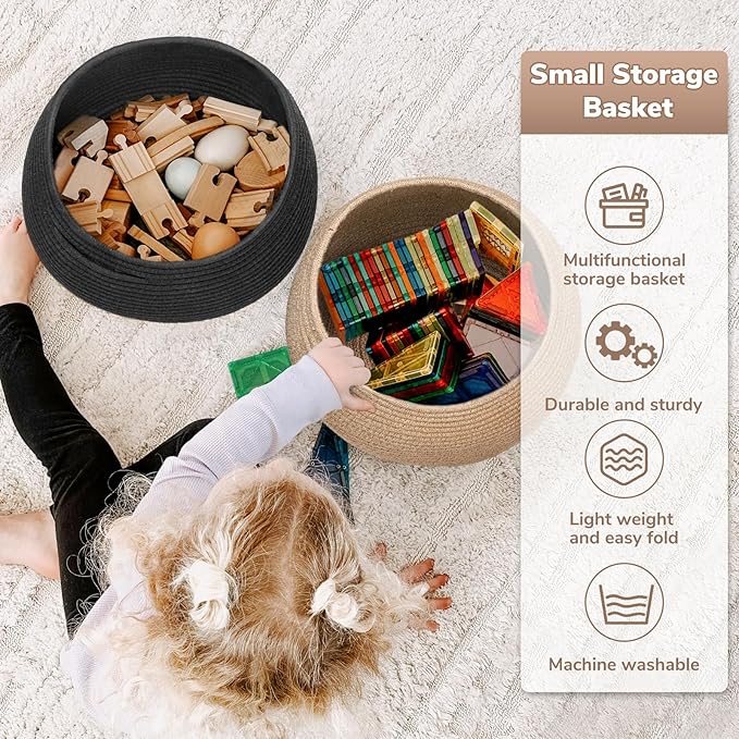 Goodpick Round Small Wicker Storage Basket for Shelves, 10" x 8.3", Jute | Decorative Woven Basket for Toy Storage, Baby Gift Basket with Handles, Fits Living Room & Nursery Décor, Plant Baskets