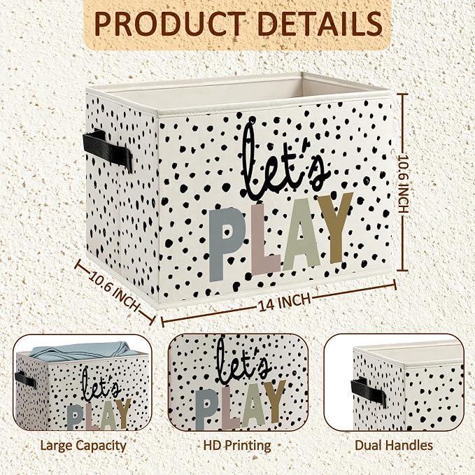 Boho Nursery Playroom Foldable Storage Bins Box with Handles, Kids Playroom Let's Play Polka Dot Decorative Storage Boxes Baskets Toybox Organizer for Kids Boy Girl Nursery Room Bedroom