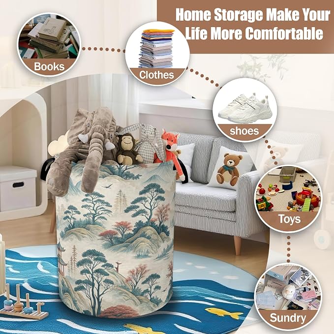 Oriental Mountain Landscape Laundry Basket,Laundry Hamper Waterproof Oxford Cloth Tote Bag,Clothes Storage Bucket Decorative Toy Organizer for Bathroom Bedroom 16" x 20.8"