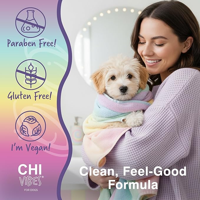 CHI Vibes for Dogs 5-in-1 Shampoo & Conditioner, Cleans + Deodorizes + Moisturizes + Detangles + Helps De-Shed, Vegan pH Balanced, Gluten & Paraben Free, Made in USA, 12 Fl Oz