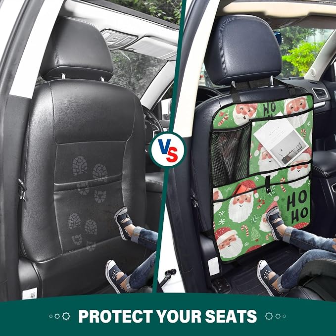 1 Pack Back Seat Car Organizer with Storage Pockets Kick Mats Back Seat Protector Hanging Car Organizer Automotive Seat Back Cover Organizers Bright Green Christmas Santa Claus