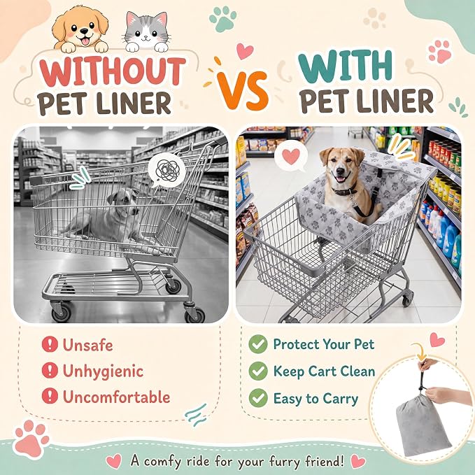 Gerrii Shopping Cart Cover for Dogs, Grocery Cart Seat with Safety Harness, Durable Waterproof Oxford Fabric, Universal Fit Liner with Storage Bag, Portable & Easy to Clean