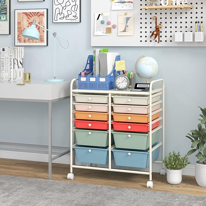 12 Drawer Rolling Storage Cart, Art Cart Organizer on Wheels, Mobile Utility Cart with Drawers, Multipurpose Craft Drawers for Home Office School Classroom (Macaron)
