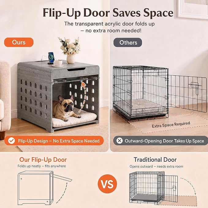 Modern Dog Crate Furniture Wooden Kennel Charging Station End Table Grey | Nightstand, Dog Cage Indoor, up to 50 lb, with Flip-Up Acrylic Door, Storage Drawer, Medium Small Dogs, Living Room Bedroom
