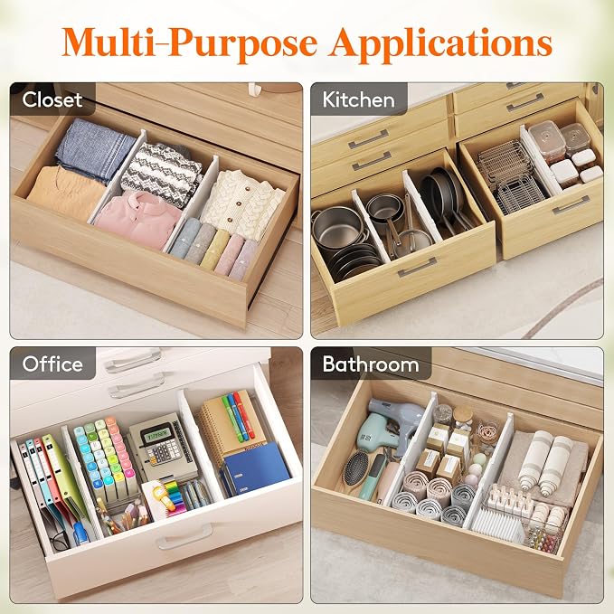 Lifewit 8" Tall Drawer Dividers, Adjustable Deep Drawer Organizer Clothes | 6 Pack 13.8"-22.2" Expandable White Plastic Separators for Dresser, Kitchen, Cabinet, Closet, Office Organization & Storage