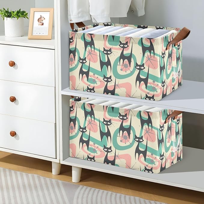 Mid Century Atomic Black Cat Storage Basket Foldable Cube Storage Bins with Handles&Label Waterproof Collapsible Organizer Box Bin Large Rectangle Decorative Baskets for Shelves Home Room Laundry