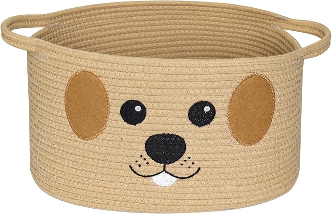 Woven Dog Toy Basket, Cute Dog Toy Bin with Embroidered Face, Soft Cotton Rope Puppy Storage Box Holder for Living Room, Decorative Pet Stuff Organizer, Puppy Room Decor Basket, 15"x11"x9"