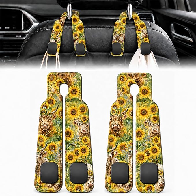 2 Pack Highland Cow Sunflower Car Headrest Hooks for Purse Bag Hanger | Highland Cow Car Accessories Metal Hook, Western Gifts for Women, PU Leather Double Hook for Backseat Organizer