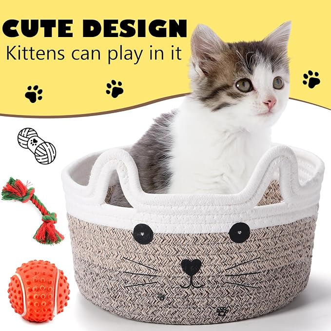 Zopeal Cat Storage Basket Woven Organizer with Ears Decorative Gift Cute Cotton Rope Pet Toy Basket for Gift Cat Dog Toy Bin Nursery Room(8.3 x 4.7 Inch,Gradient Khaki)