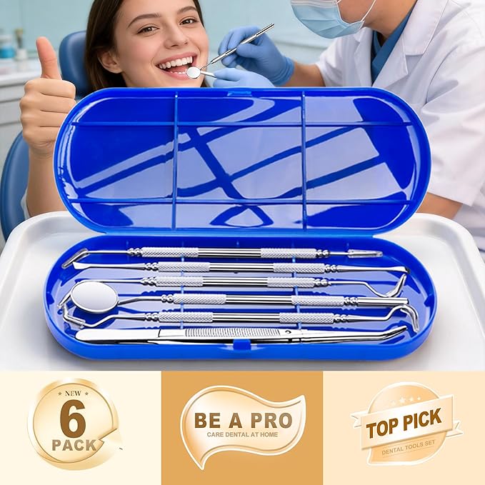 Dental Tools Plaque Remover Teeth Cleaning Tool﻿s Kit 6 Pcs Dental Care Kit Stainless Steel Dental Pick Tartar Remover Tool for Home/Travel/Pet Care-Storage Case Included