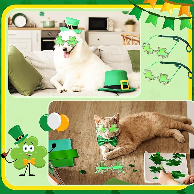 St. Patrick's Day Dog Sunglasses with Adjustable Strap, Green Shamrock Pet Glasses Accessory for Medium Large Dogs Cats, Irish Festival Parade Costume & Photo Prop(Shamrock)