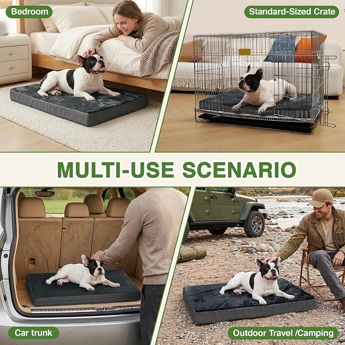Waterproof Dog Bed Medium Size Dog, Washable Orthopedic Foam Crate Pad 30" | Outdoor Pet Bed, Reversible Faux Leather & Flannel, Durable Removable Cover, Anti-Slip Kennel Pad 29"x18" Dark Gray