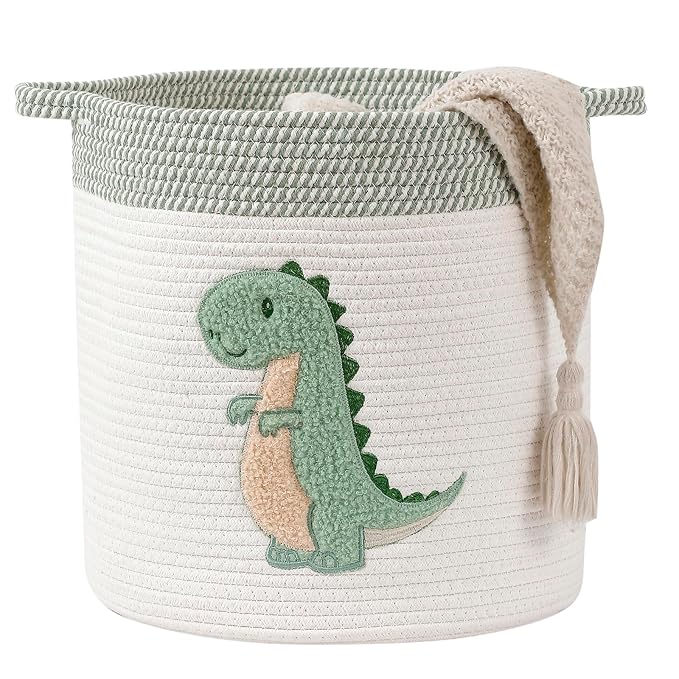 Baby Hamper Large Toy Storage Basket for Toddlers Boys, Dinosaur Room Decor | 14" x 14" Blanket Baskets for Living Room, Cotton Rope Toy Box for Stuffed Animal Storage Baby Laundry Hamper, Nursery Decor