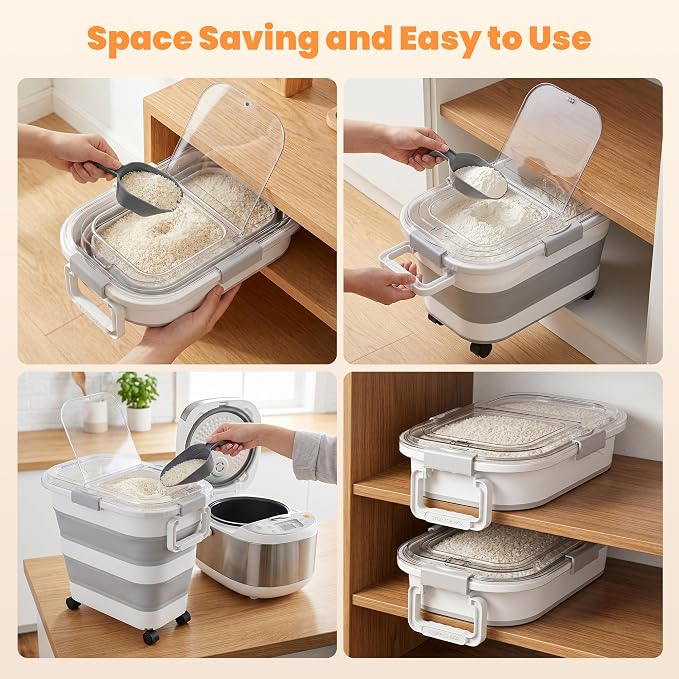 30 Lbs Rice Container, Collapsible Dog Food Storage Container | Airtight Cat Food Container with Wheels, Transparent Lid, Measuring Cup, Scoop and Handle, BPA Free for Pet Food, Bird Seed