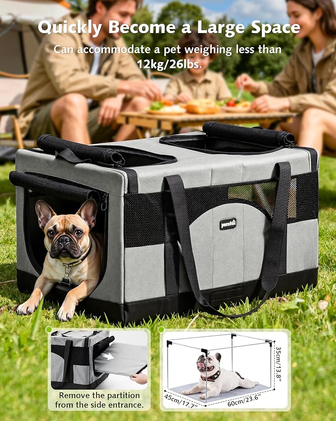 Pecute Large Cat Carrier, Soft Double Pet Crate for 2 Cats Travel, Gray | Anti-Collapse Steel Frame, Convertible Dual Space, Foldable, Polyester Breathable mesh, Up to 26 lbs, Car Travel & Vet Visits
