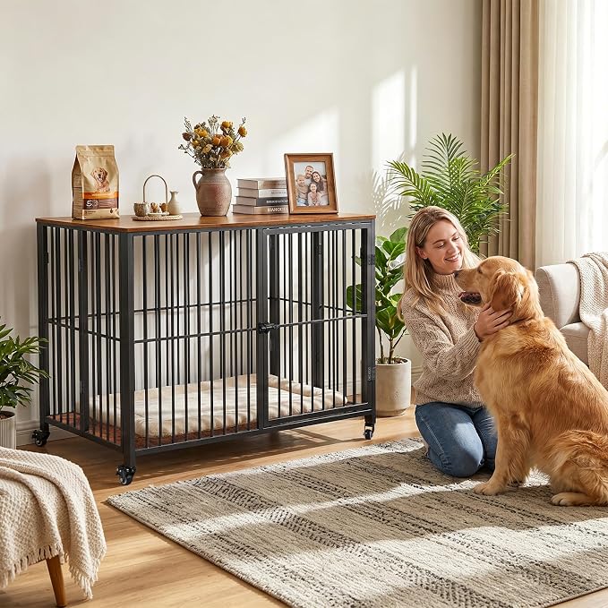 42.3" Large Dog Crate Furniture Foldable, Easy Assembly Dog Kennel Indoor | Heavy Duty Decorative Pet House, Wooden Dog Cage Side End Table with Wheels, for Small/Medium/Large Dogs, Rustic Brown