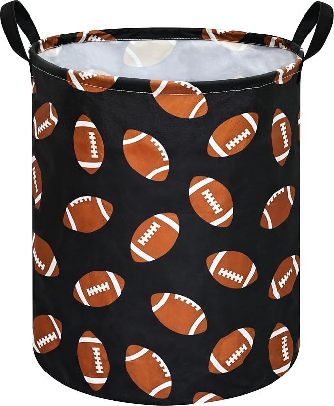MAIZMZ Rugby Sport Print Storage Basket Kids Hamper, 15.7"D x19.7"H,Waterproof Lining, Leather Handles, Collapsible for Laundry, Sports Gear, Boys Gift