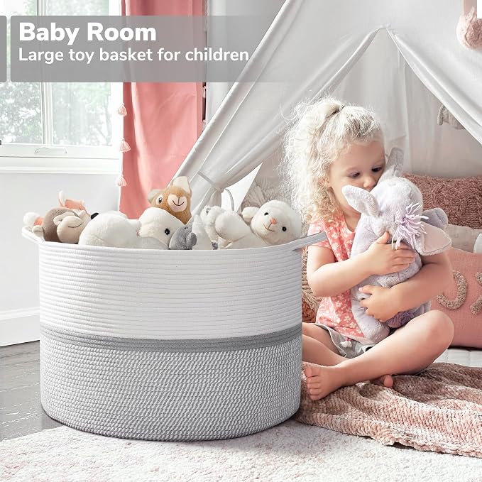 CHICVITA 85L Large Cotton Rope Blanket Basket with Handles, Grey | Woven storage basket for laundry, pillows, toys. Decorative for living room, bedroom, nursery, 22x22x14in