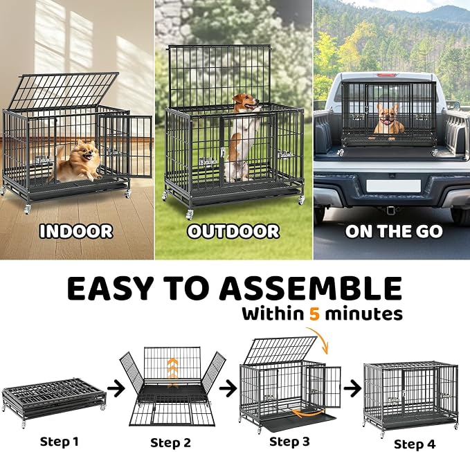 Homey Pet 37 Inch Heavy Duty Dog Crate for Medium Dogs | Stackable Dog Cage Kennel with Four Lockable Wheels, Removable Tray & Grid, Open Top, Escape Proof Dog Kennel Indoor