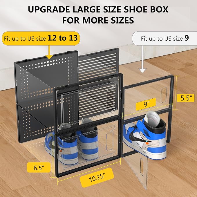 12 Pack XX-Large Stackable Clear Plastic Shoe Storage Box Organizer, Black | Easy to Assemble and Stack, Fit Size 11, Ventilated Dust-Proof, For Sneaker, Closet, Entryway, Under Bed, Replace Shoe Rack