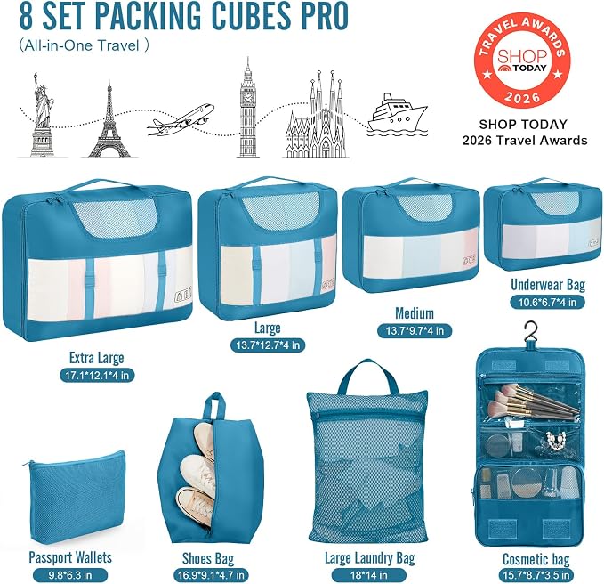 Veken 8 Set Packing Cubes for Travel Essentials, Suitcase Organizer Bags in 4 Sizes, Carry-On Luggage Accessories with Laundry Bag, Airplane Must Have with 99-Count Mesh Holes