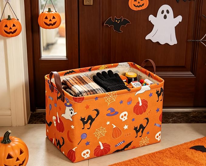 Halloween Basket Pumpkin Baskets Trick or Treat Basket Rectangular Storage Bin for Halloweens Parties(Candy Pumpkin)