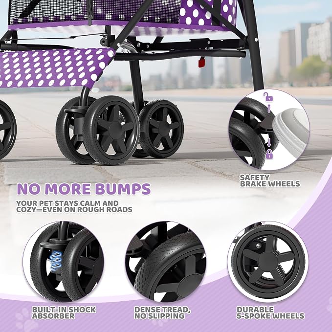 Magshion Compact Fold Pet Travel Stroller for Small Dogs Cats, Purple | Up to 22lbs, 4-Wheel Lightweight Umbrella Shaped Design, Safety Tethers, Breathable Mesh, Cup Holder & Rear Storage