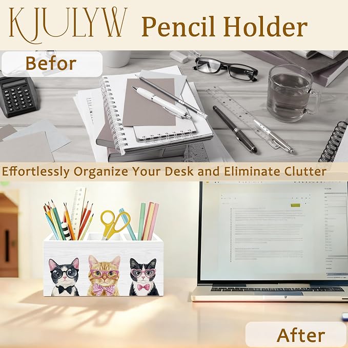 Cat Pen Holder for Desk, Cat Mom Lady Gifts, Coquette Bow Glasses Kitty Wooden Box Pencil Pen Holder Organizer for Kids Room Home Office Desk Accessories